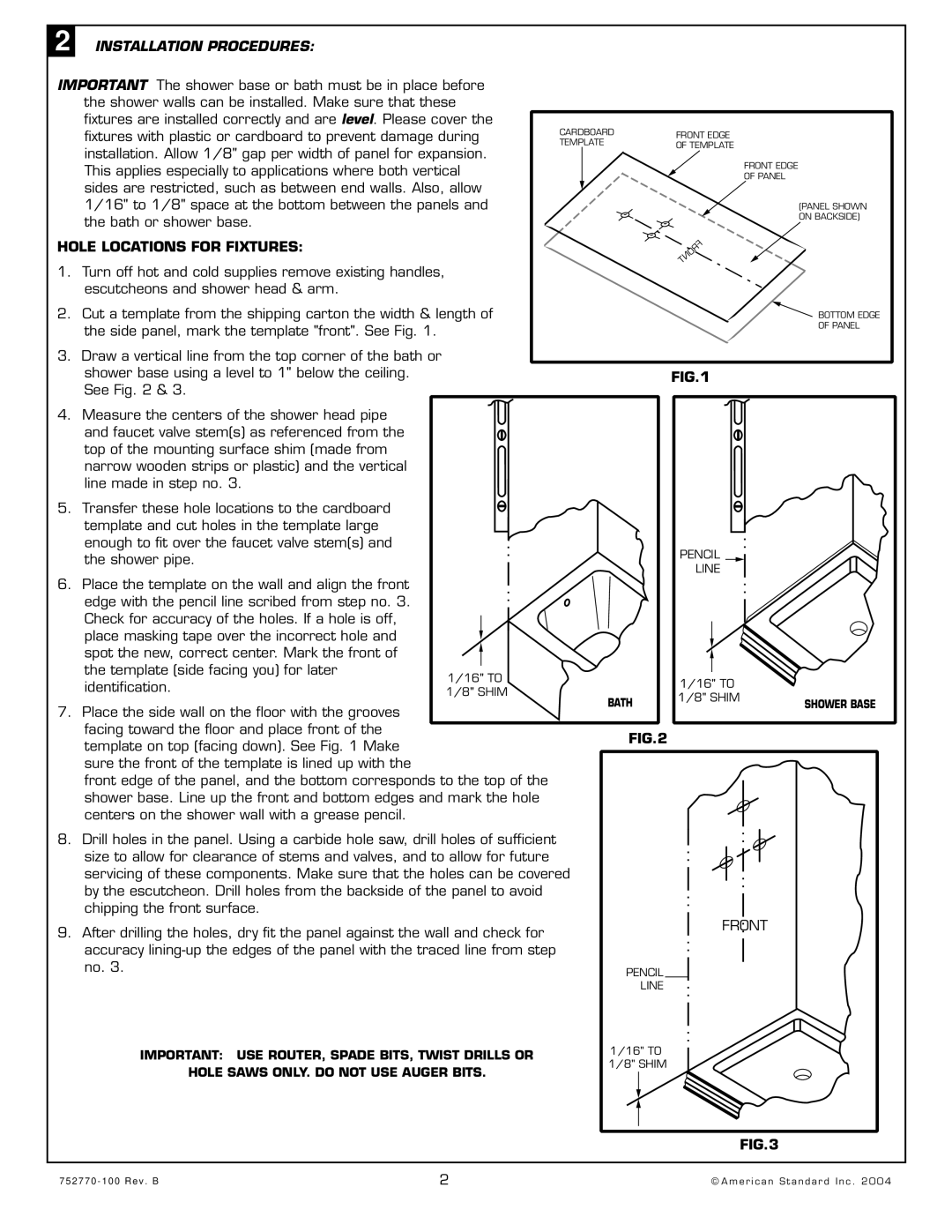 American Standard 4834.SWTS, 3636.SWTS, 6042.BWTS, 3838.CWTS Installation Procedures, Hole Locations for Fixtures, Front 