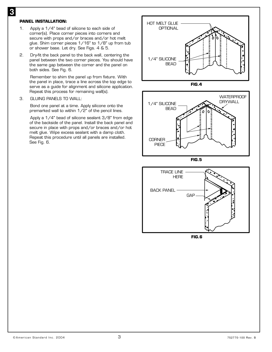 American Standard 3838.CWTS, 3636.SWTS Panel Installation, HOT Melt Glue Optional Silicone Bead Gluing Panels to Wall 