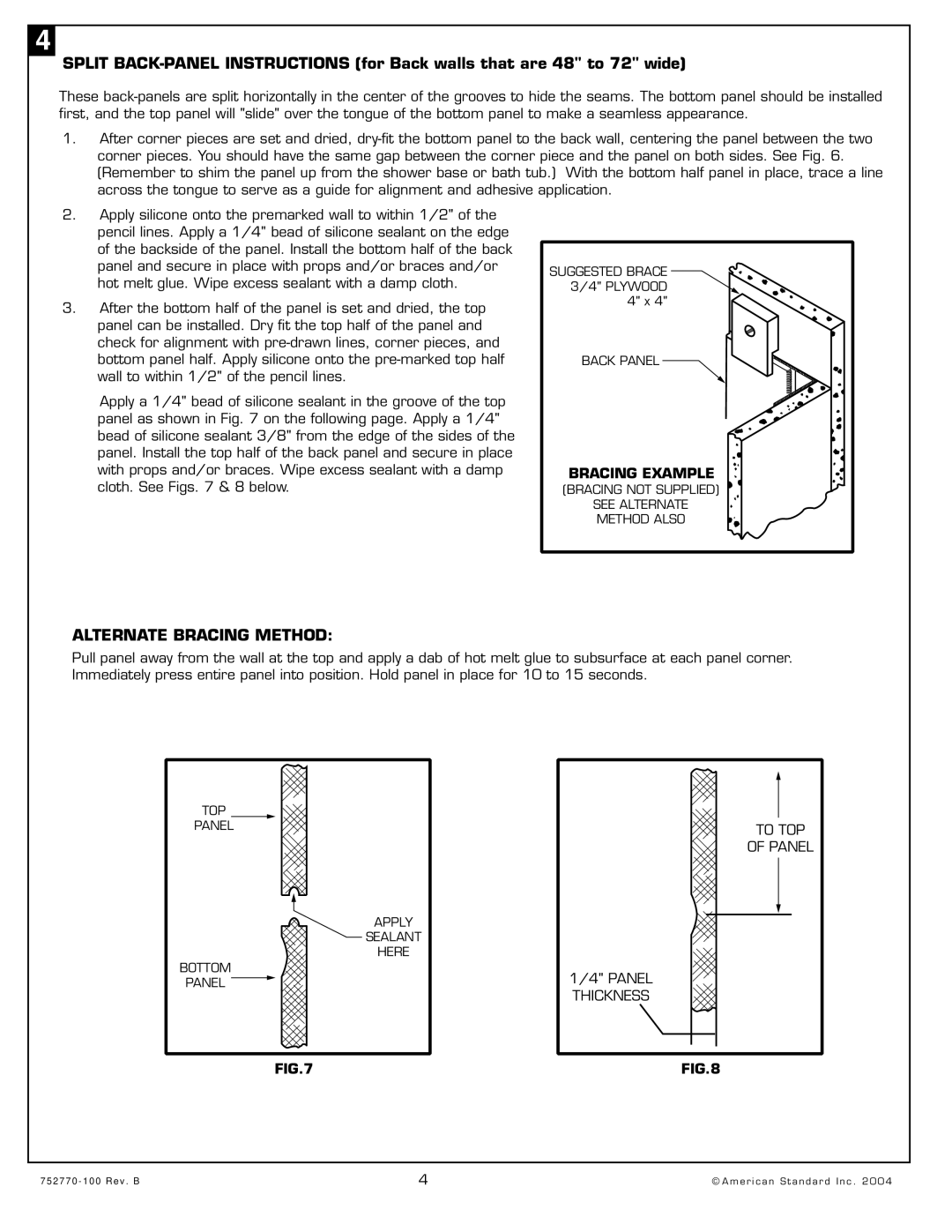 American Standard 3636.SWTS, 6042.BWTS, 4834.SWTS Alternate Bracing Method, Bracing Example, To TOP Panel Panel Thickness 