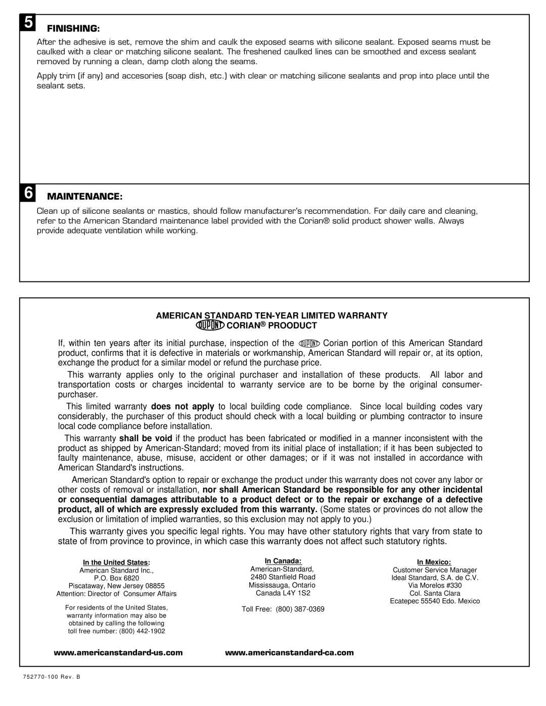 American Standard 6042.BWTS, 3636.SWTS, 4834.SWTS, 3838.CWTS installation instructions Finishing, Maintenance 