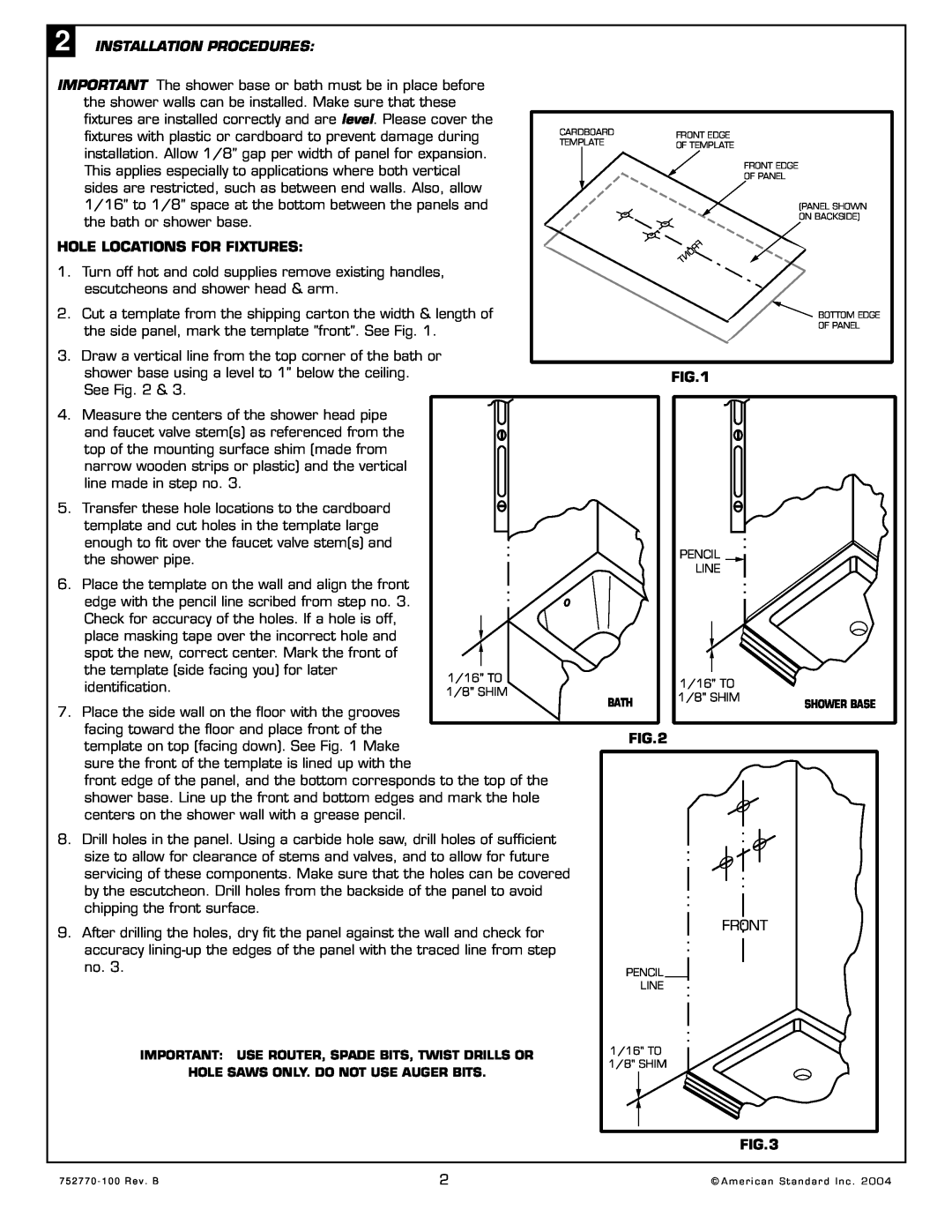 American Standard 4834.SWTS, 3636.SWTS, 6042.BWTS, 3838.CWTS Installation Procedures, Hole Locations For Fixtures 