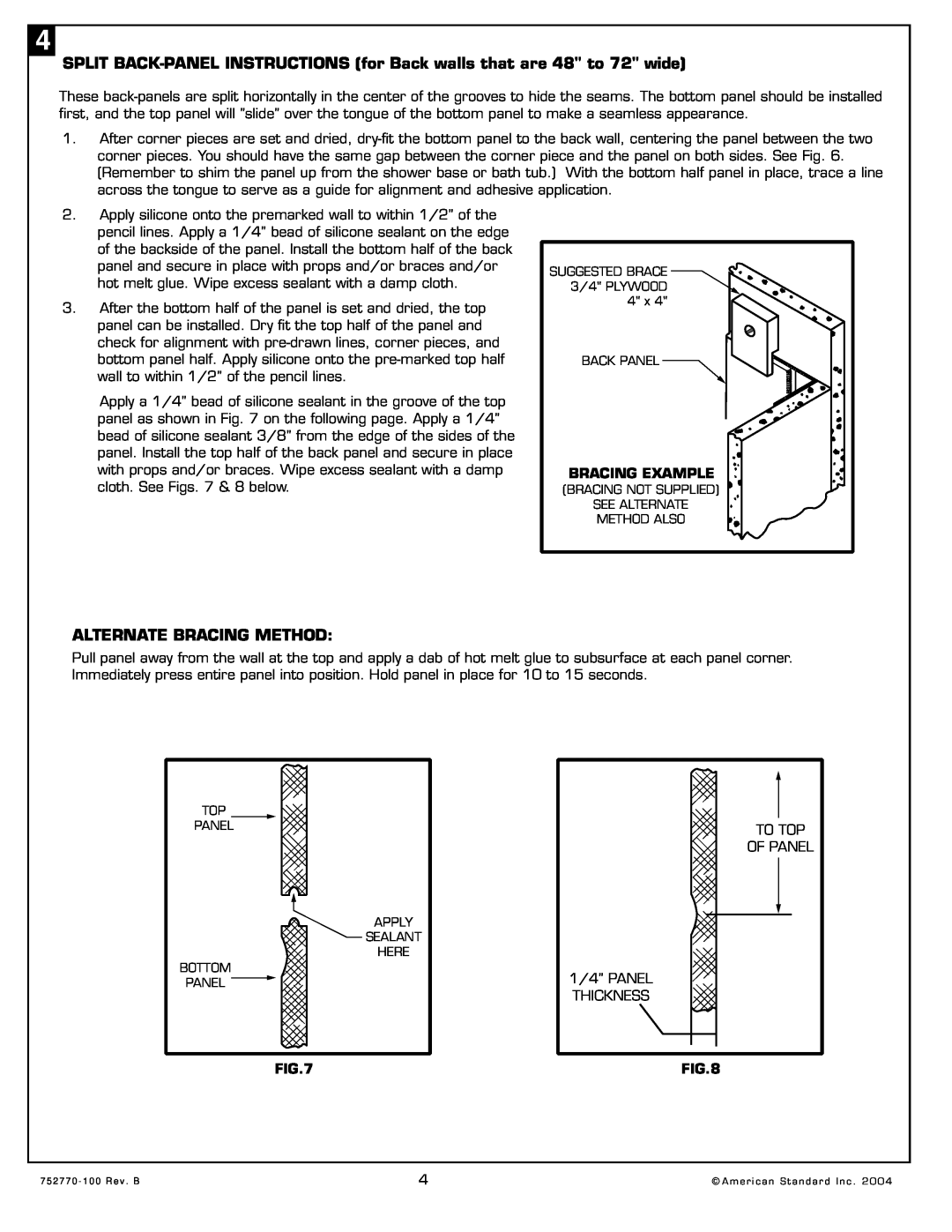 American Standard 3636.SWTS SPLIT BACK-PANEL INSTRUCTIONS for Back walls that are 48 to 72 wide, Alternate Bracing Method 