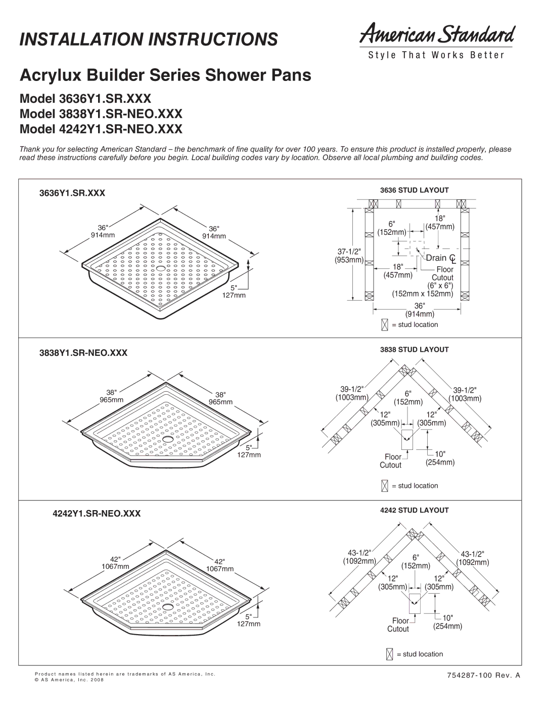 American Standard 3636Y1.SR-XXX installation instructions 3636Y1.SR.XXX, 3838Y1.SR-NEO.XXX, 4242Y1.SR-NEO.XXX 