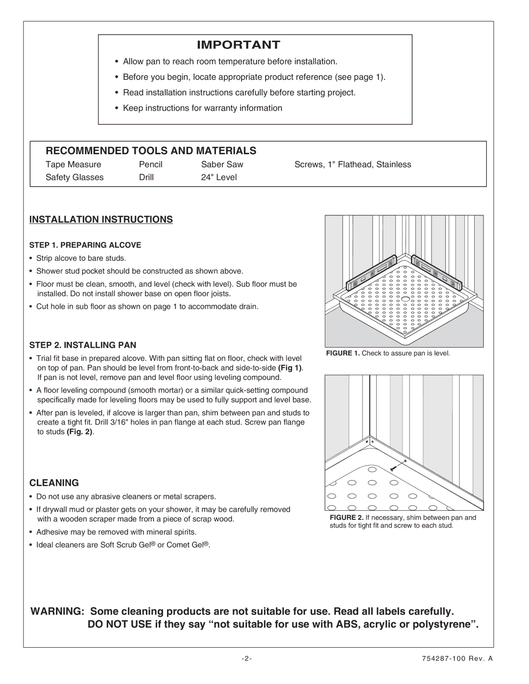 American Standard 3636Y1.SR-.XXX, 3636Y1.SR.XXX, 3636Y1.SR-XXX Installation Instructions, Cleaning, Preparing Alcove 