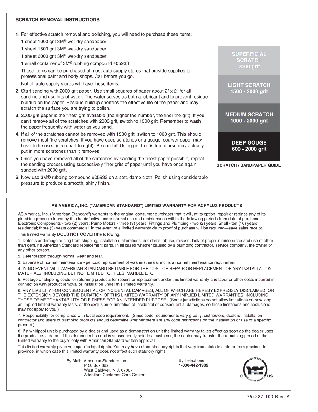 American Standard 3838Y1.SR-NEO.XXX, 3636Y1.SR.XXX, 3636Y1.SR-XXX Medium Scratch, Scratch Removal Instructions 