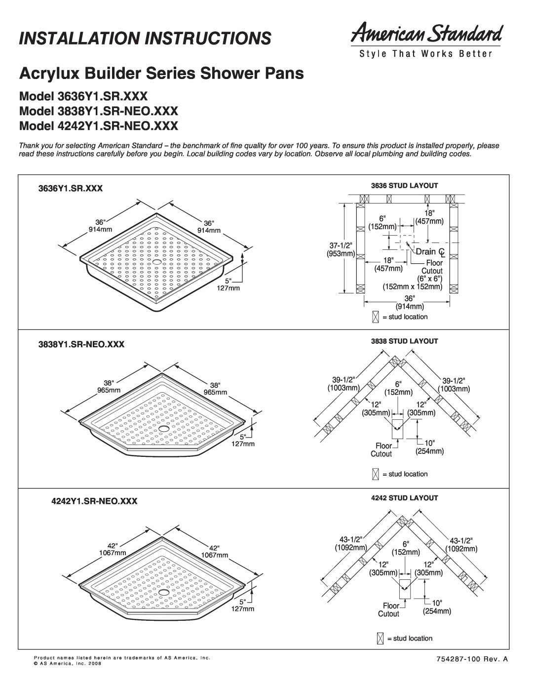 American Standard 3636Y1.SR-XXX installation instructions Installation Instructions, Acrylux Builder Series Shower Pans 