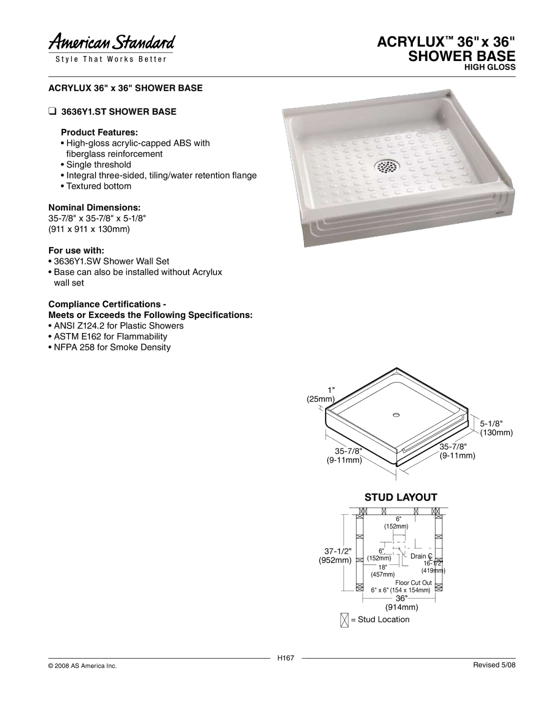 American Standard 3636Y1.ST dimensions Shower Base, Stud Layout 