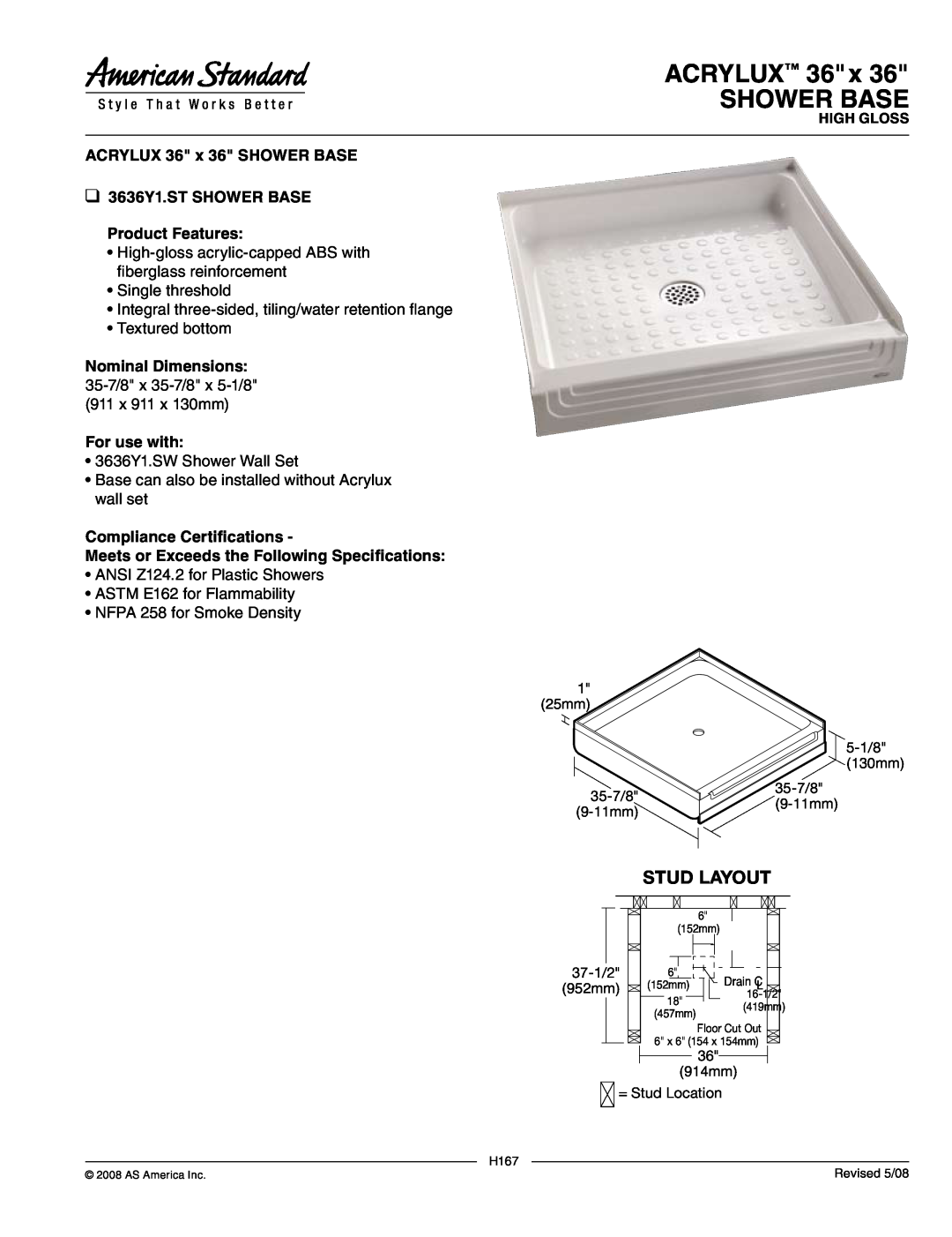 American Standard 3636Y1.ST dimensions ACRYLUX 36 x SHOWER BASE, Stud Layout, ACRYLUX 36 x 36 SHOWER BASE, For use with 