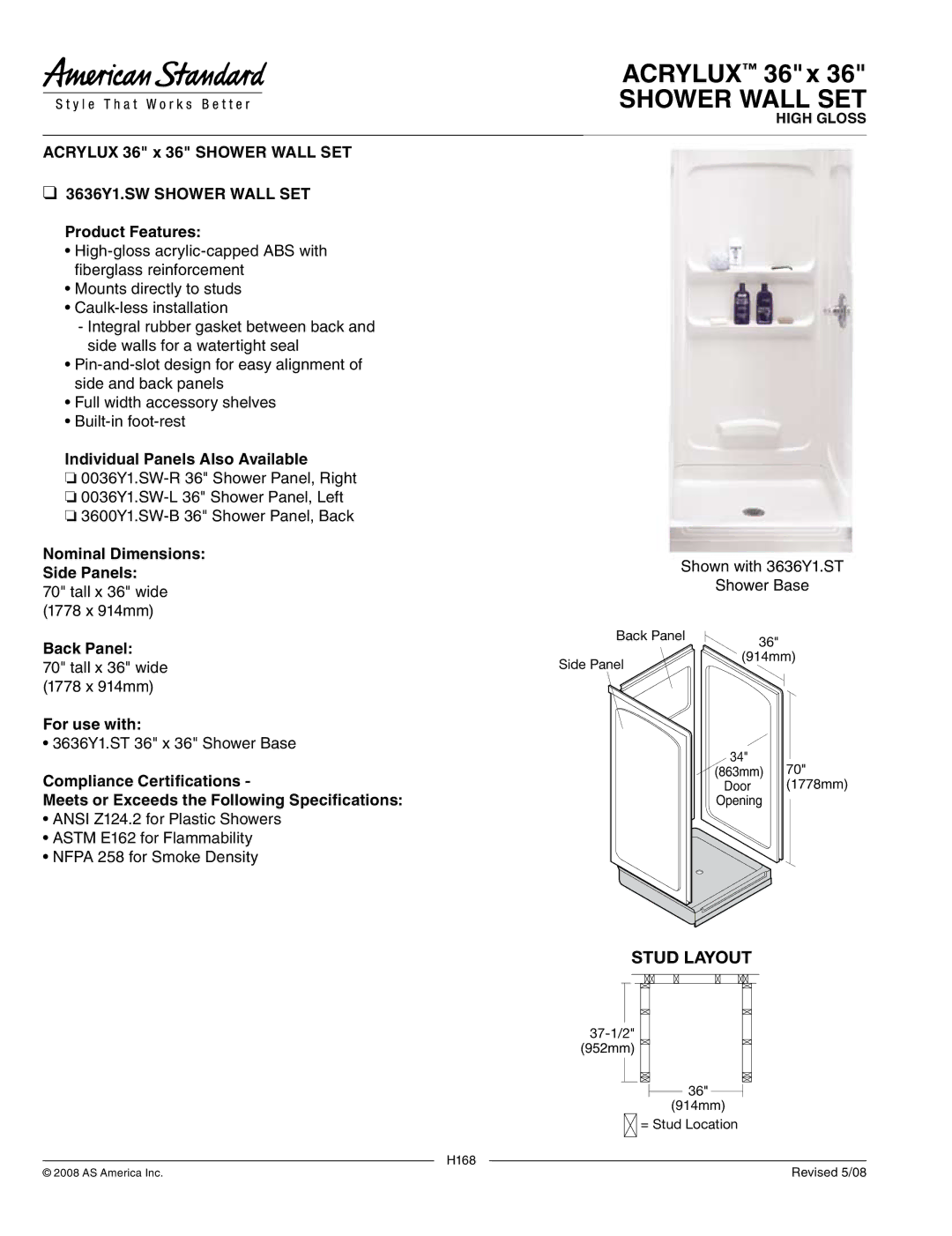 American Standard 3636Y1.SW dimensions Shower Wall SET 