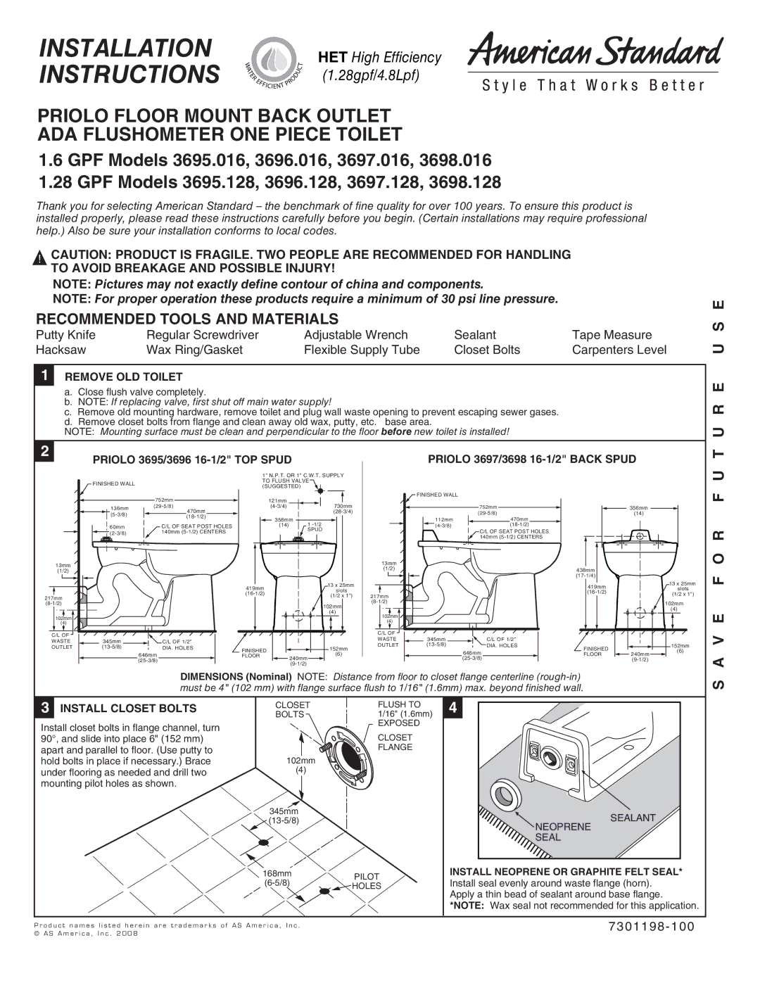 American Standard 3696.016, 3697.016 installation instructions Recommended Tools and Materials, E U S E, E F O R F U T 