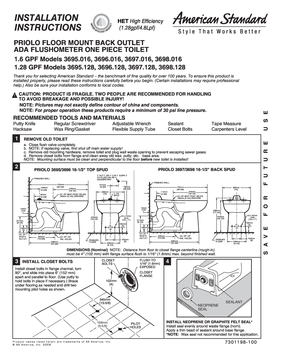 American Standard 3696.016 installation instructions Recommended Tools And Materials, U R E U S E, A V E F O R F U T 