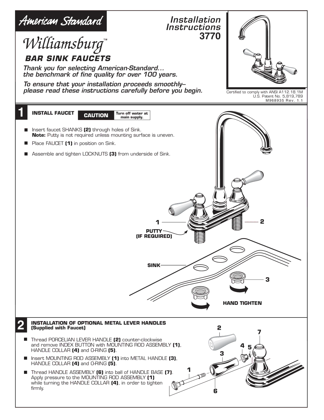 American Standard 3770 installation instructions Installation Instructions, Install Faucet 