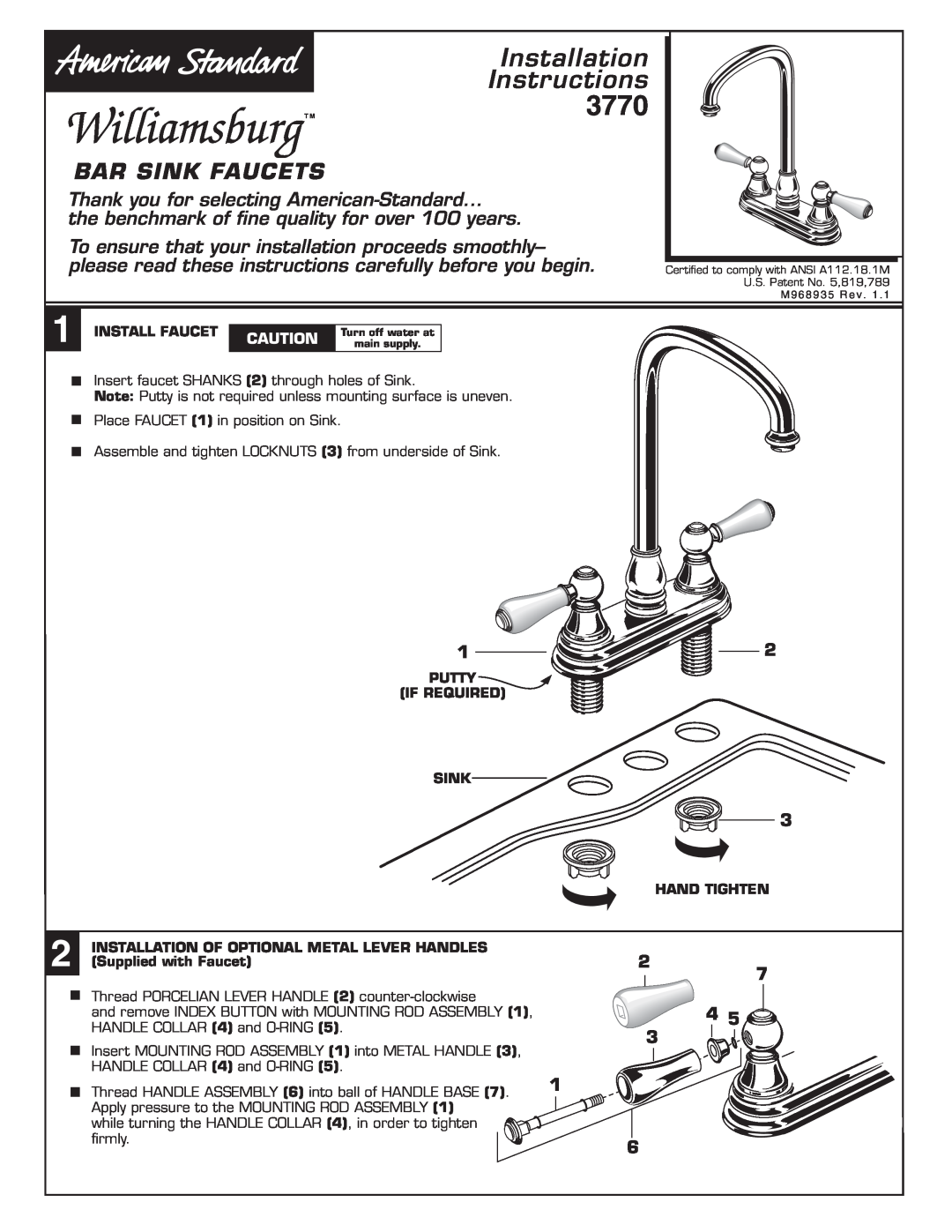 American Standard 3770 installation instructions 2 7 4 3, Install Faucet, Putty If Required Sink, Hand Tighten 