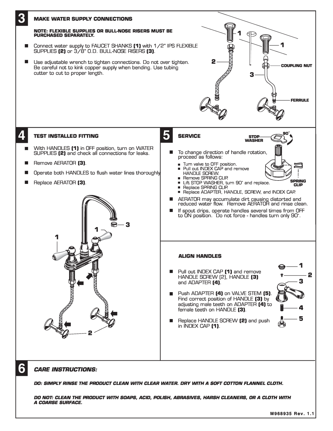 American Standard 3770 Make Water Supply Connections, Test Installed Fitting, Service, Align Handles, Care Instructions 