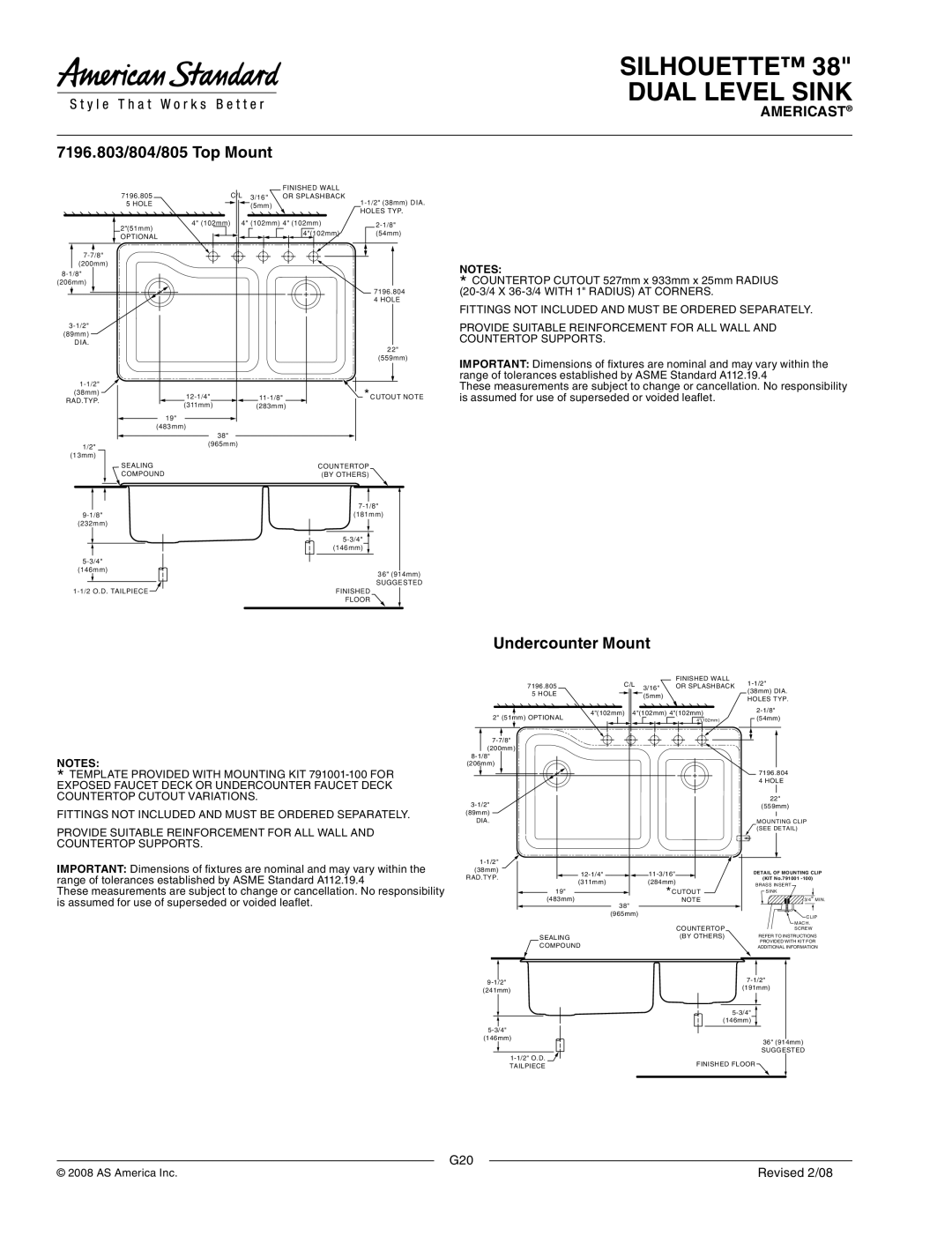 American Standard 7196.001, 38, 7196.804, 7196.805 dimensions 7196.803/804/805 Top Mount, Undercounter Mount 