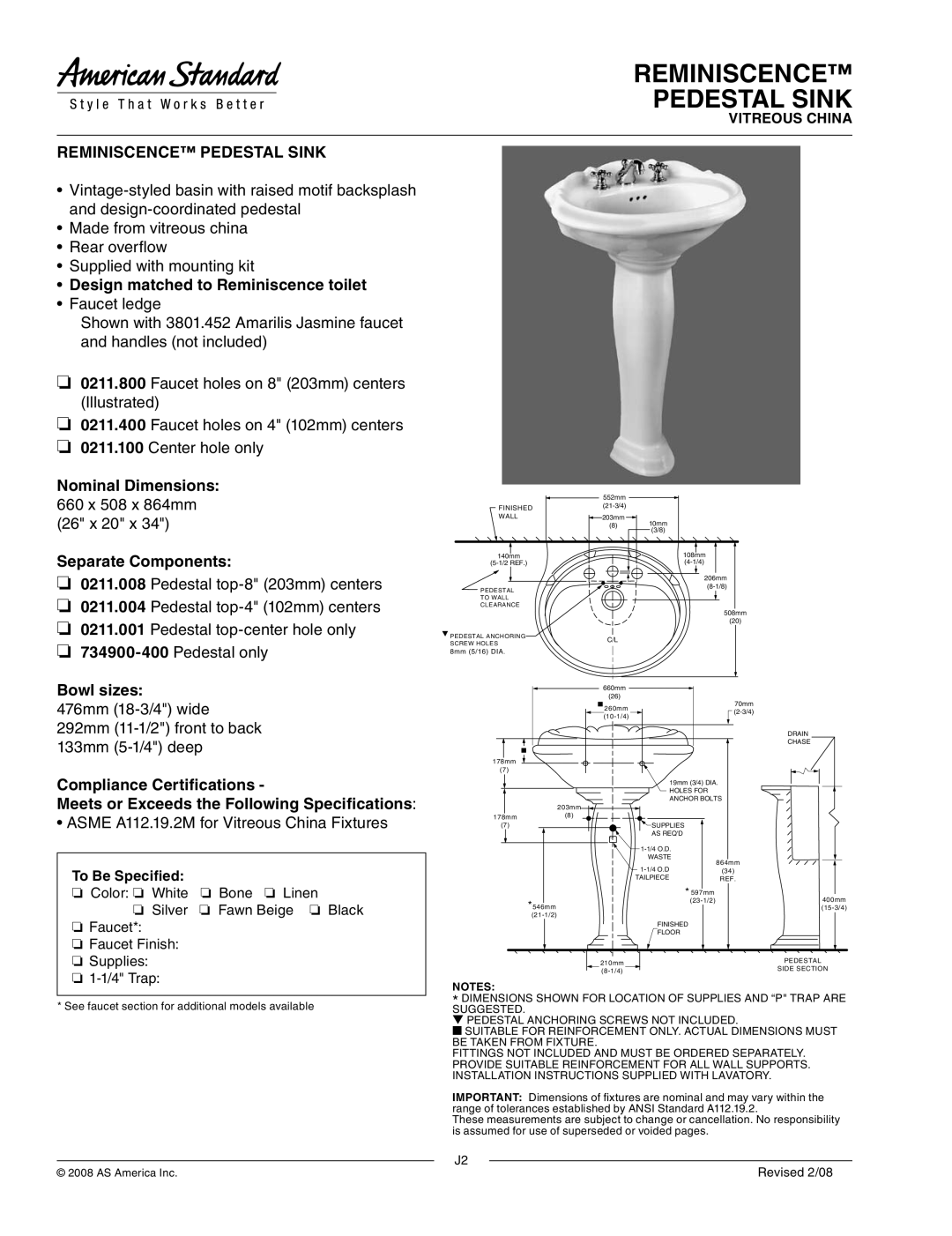 American Standard 0211.800, 3801.452, 0211.400, 0211.100, 0211.008 dimensions Reminiscence Pedestal Sink 