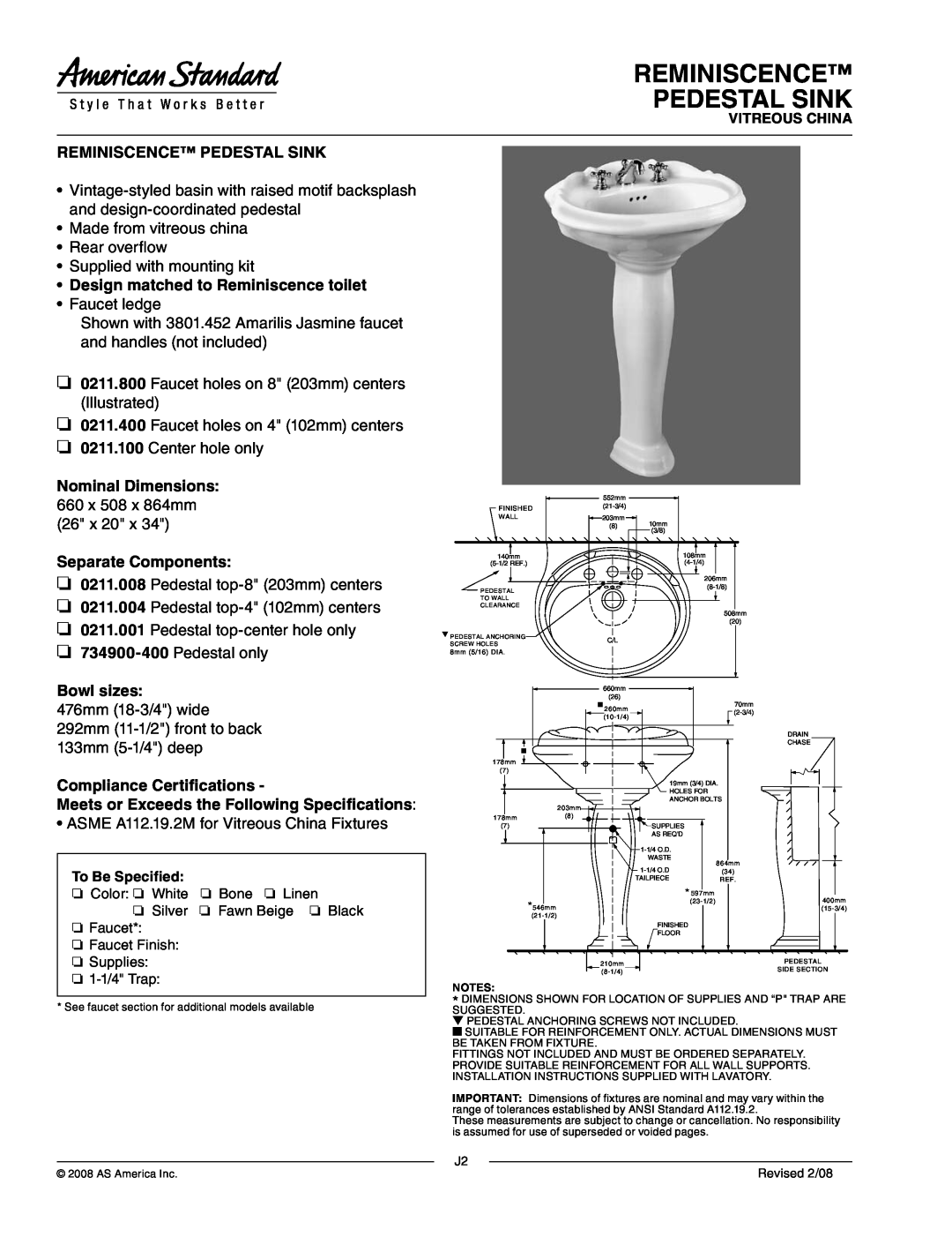 American Standard 0211.800 dimensions Reminiscence Pedestal Sink, Design matched to Reminiscence toilet, Bowl sizes 