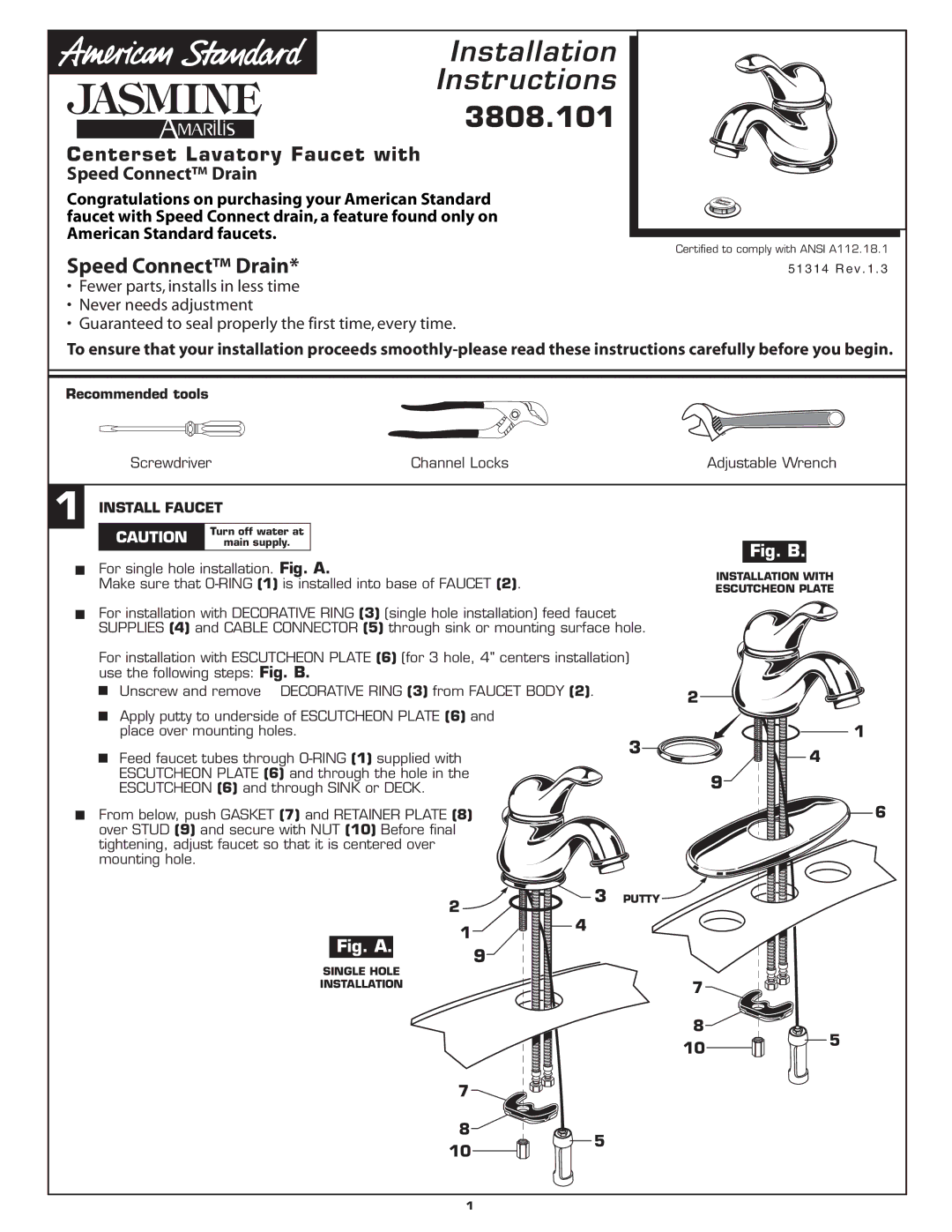 American Standard 3808.101 installation instructions Install Faucet 