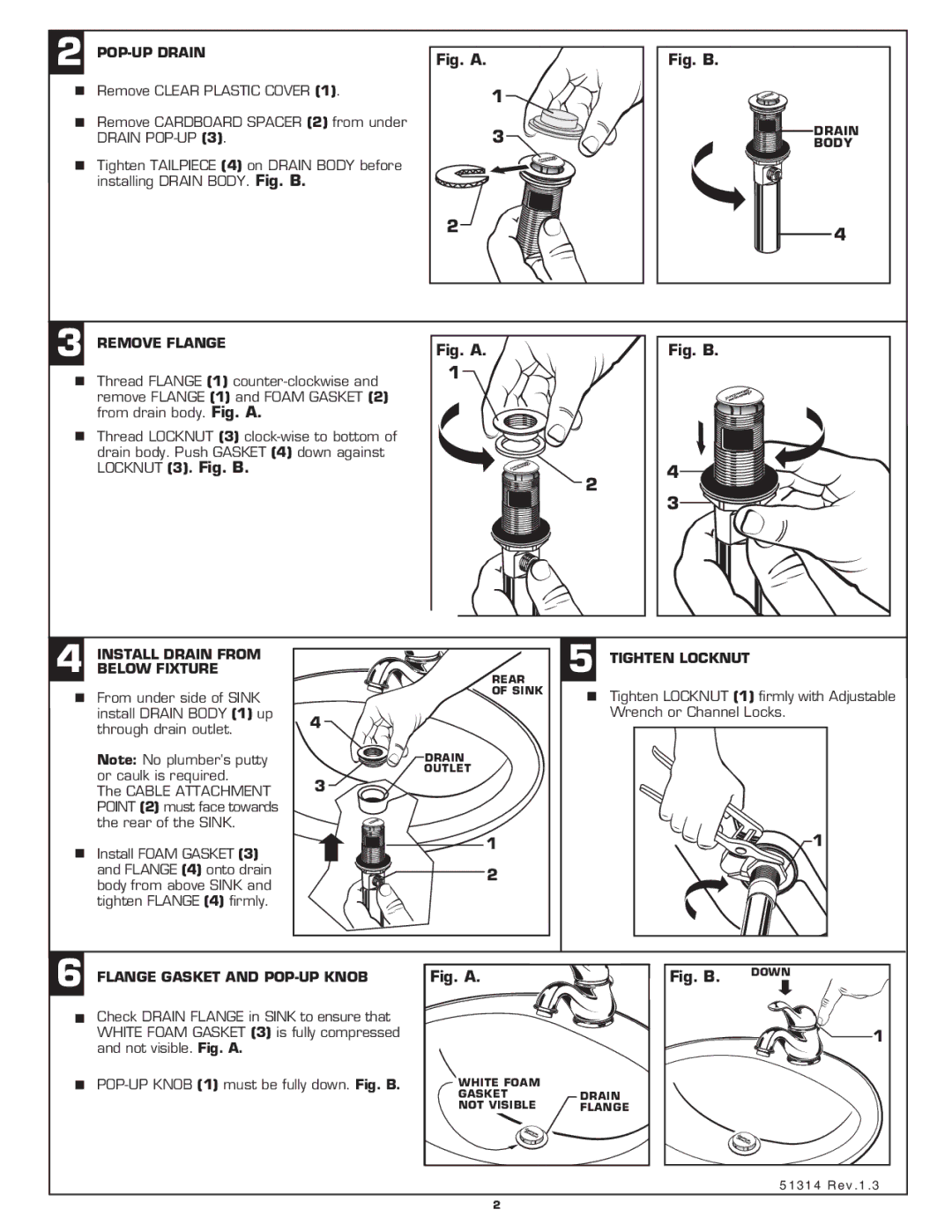 American Standard 3808.101 POP-UP Drain, Remove Flange, Install Drain from Below Fixture, Tighten Locknut 