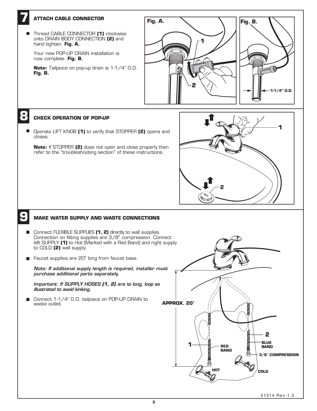 American Standard 3808.101 Attach Cable Connector, Check Operation of POP-UP, Make Water Supply and Waste Connections 