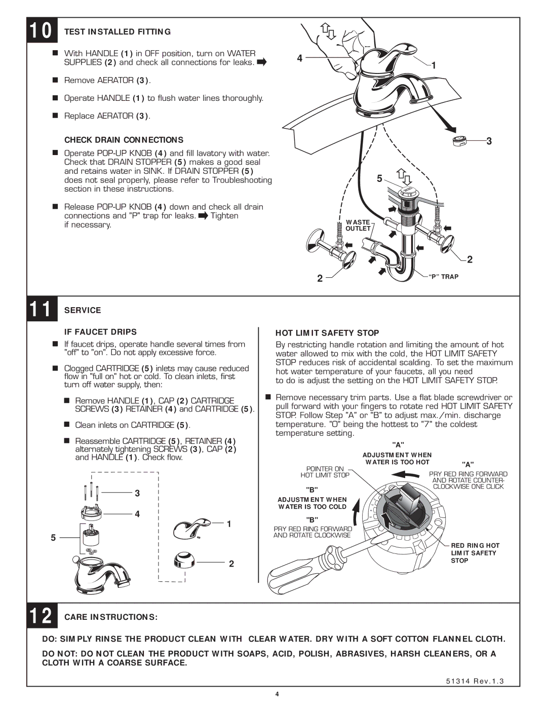 American Standard 3808.101 Test Installed Fitting, Check Drain Connections, Service If Faucet Drips, HOT Limit Safety Stop 