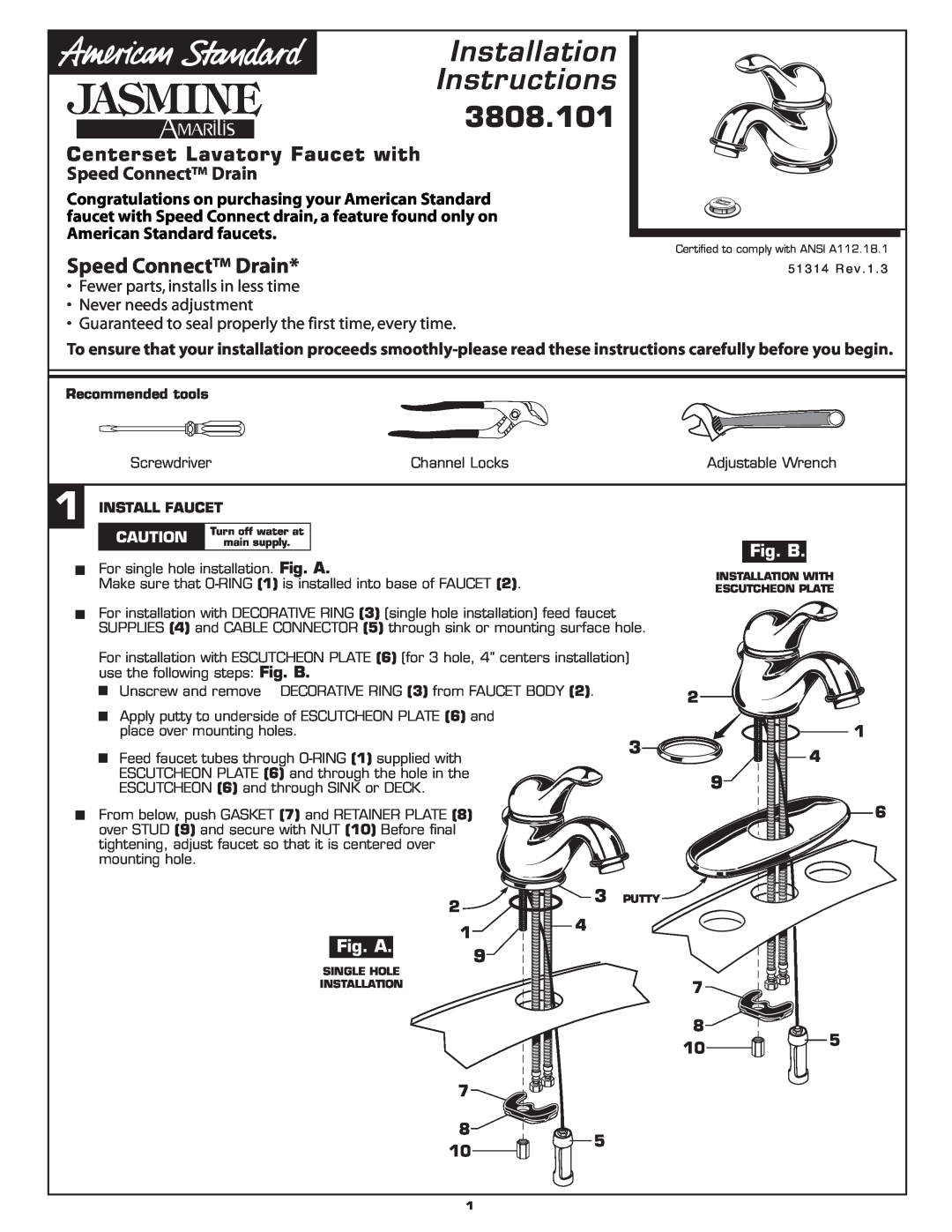 American Standard 3808.101 installation instructions Installation Instructions, Speed Connect Drain, Fig. B, Fig. A 
