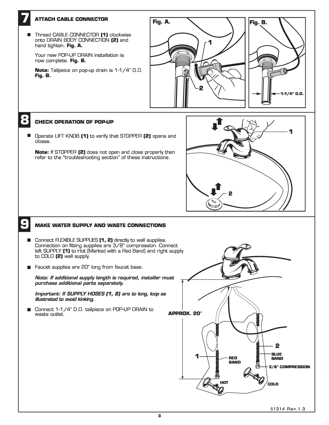 American Standard 3808.101 installation instructions Attach Cable Connector, Fig. B, Check Operation Of Pop-Up, Approx 
