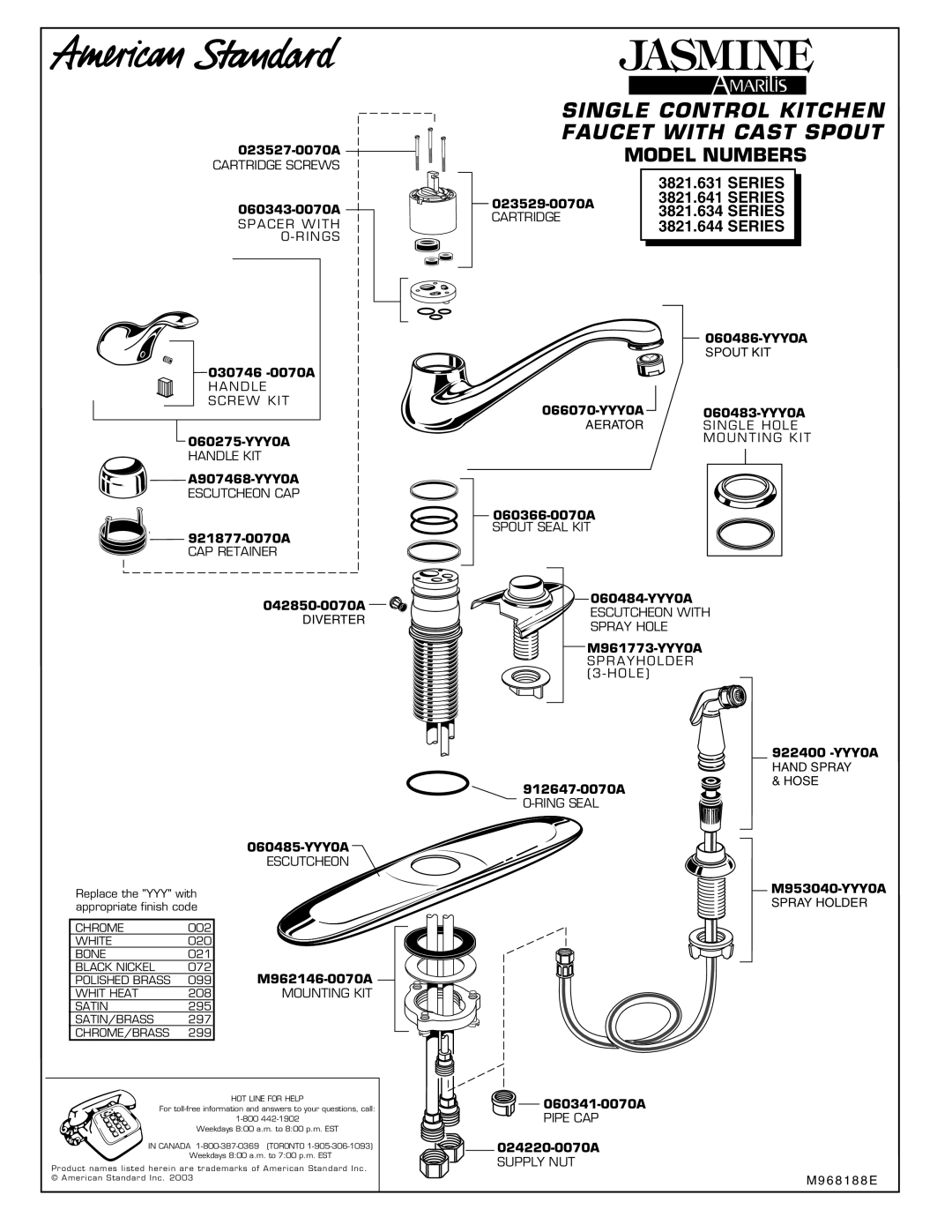 American Standard 3821.641 Series, 3821.634 Series Model Numbers, Single Control Kitchen Faucet With Cast Spout 
