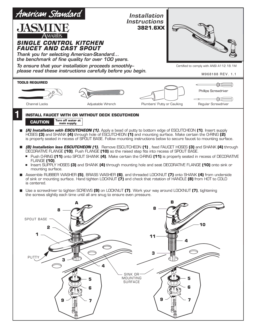 American Standard 3821.6XX installation instructions Installation Instructions 