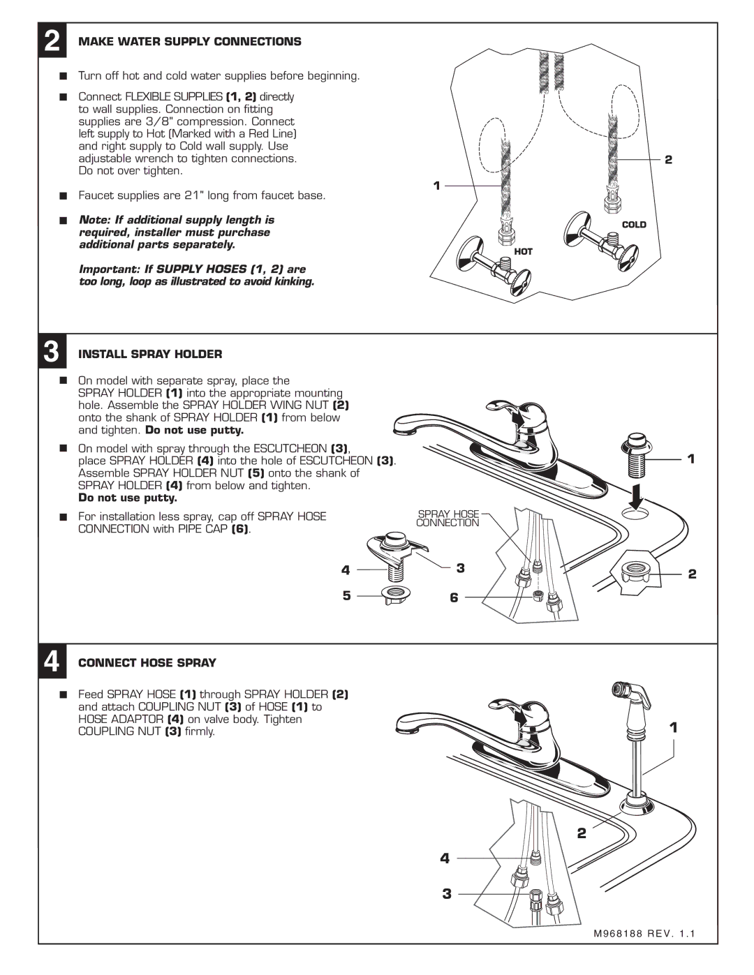 American Standard 3821.6XX Make Water Supply Connections, Faucet supplies are 21 long from faucet base, Do not use putty 