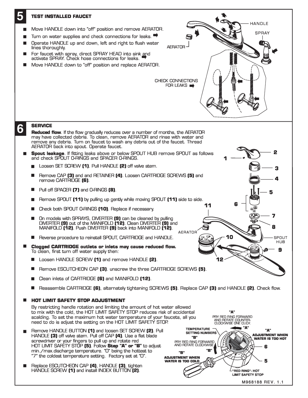 American Standard 3821.6XX installation instructions Test Installed Faucet, Service, Hot Limit Safety Stop Adjustment 