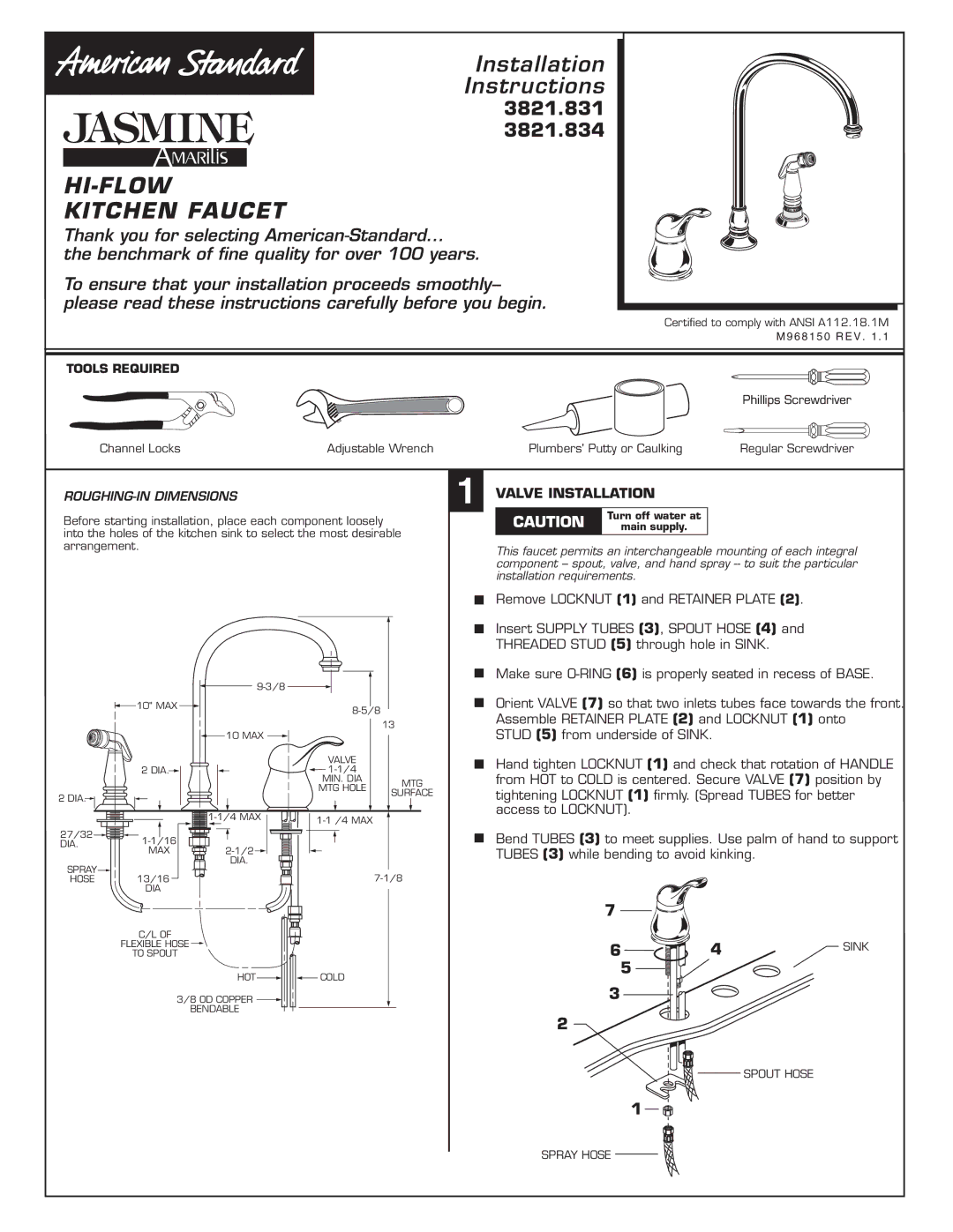 American Standard 3821.834, 3821.831 installation instructions HI-FLOW Kitchen Faucet, Valve Installation 