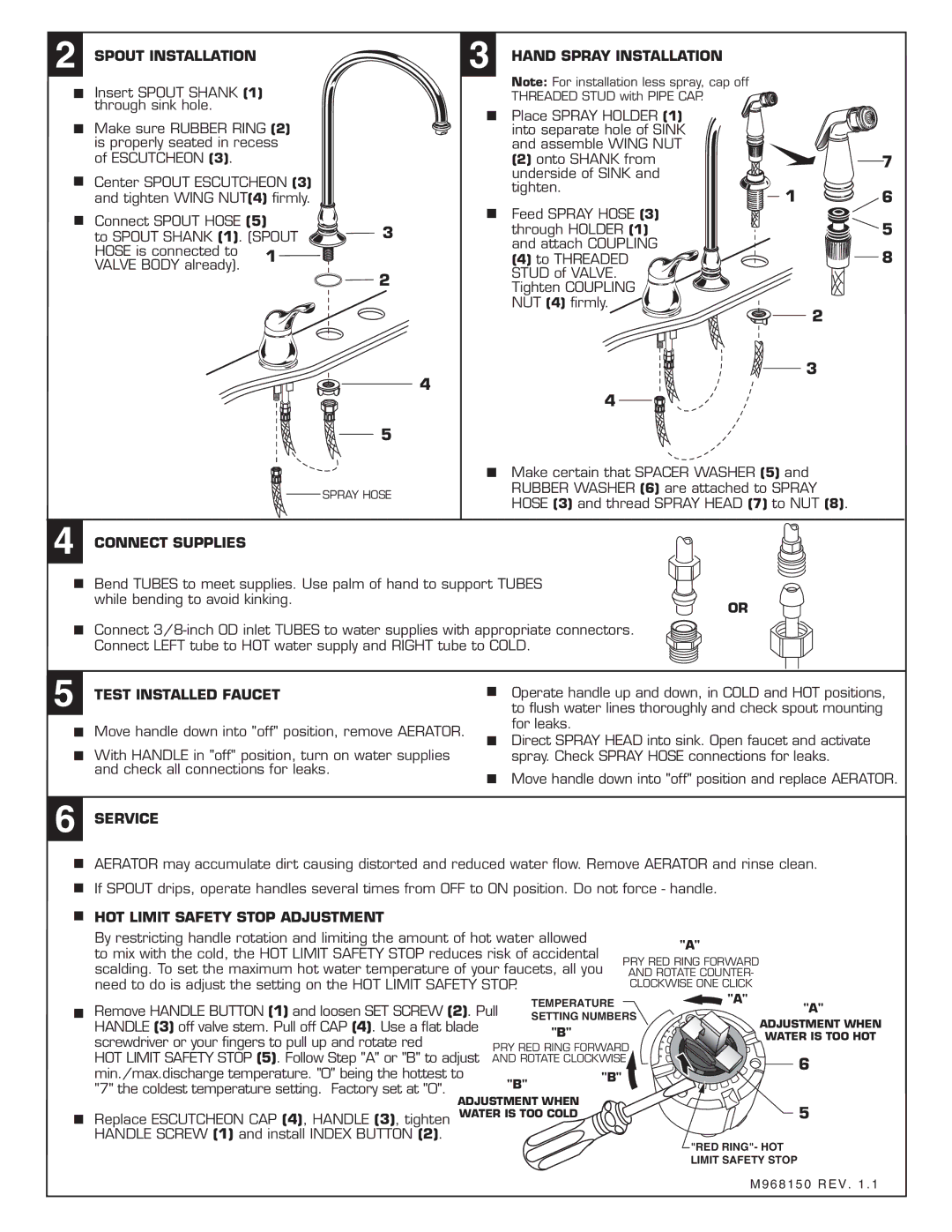 American Standard 3821.831 Spout Installation, Hand Spray Installation, Connect Supplies, Test Installed Faucet, Service 