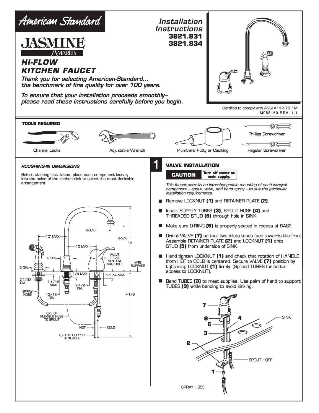 American Standard 3821.834 installation instructions Valve Installation, Installation Instructions, Hi-Flow Kitchen Faucet 