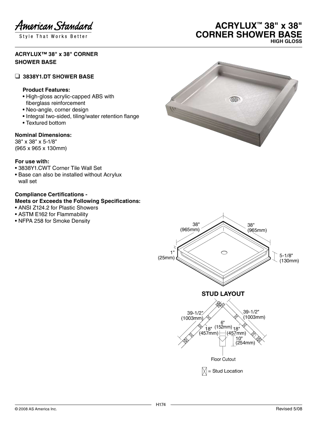 American Standard 3838Y1.DT dimensions Corner Shower Base, Stud Layout 