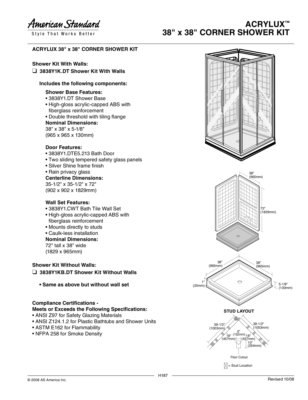 American Standard 3838Y1K.DT dimensions Acrylux 38 x 38 Corner Shower KIT, Nominal Dimensions 38 x 38 x 5-1/8, Stud Layout 