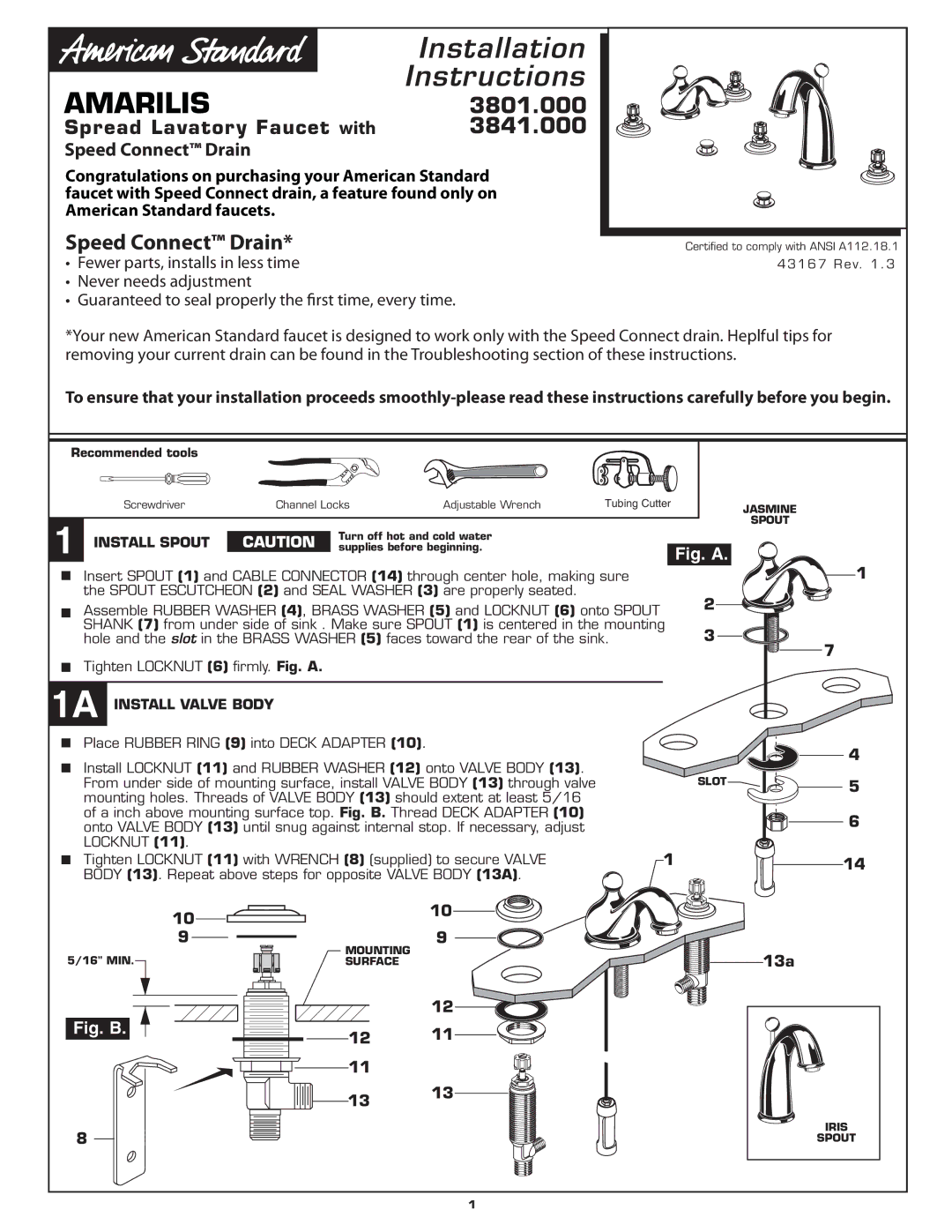 American Standard 3801.000, 3841.000 installation instructions Spread Lavatory Faucet with, Speed Connect Drain, 114 13a 