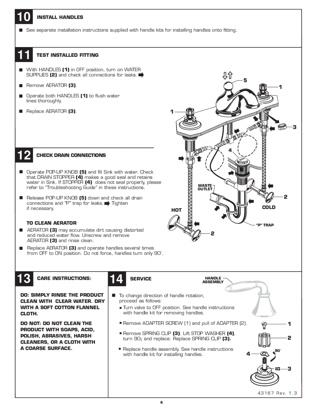 American Standard 3841.000, 3801.000 Install Handles, Test Installed Fitting, Check Drain Connections, To Clean Aerator 