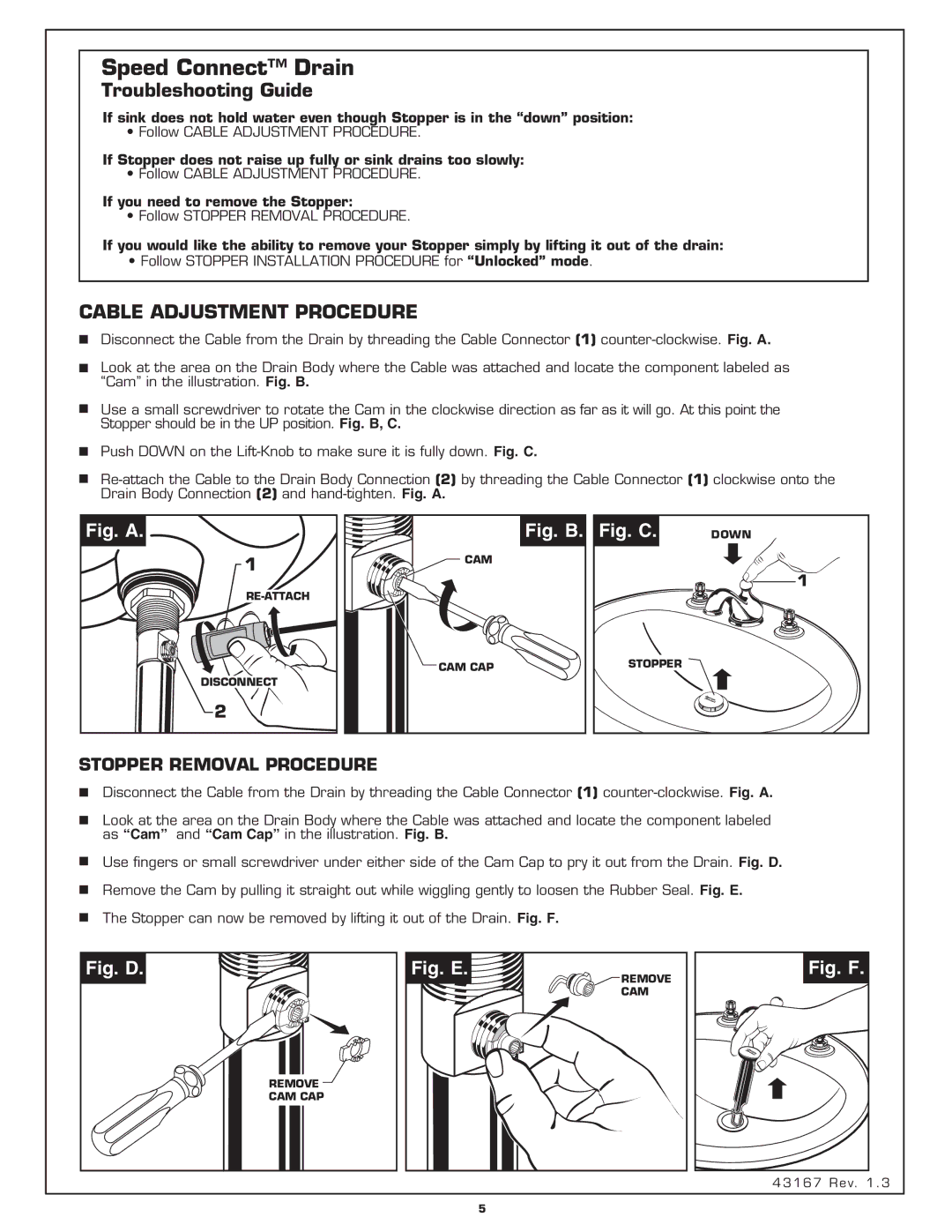 American Standard 3801.000, 3841.000 installation instructions Troubleshooting Guide, Cable Adjustment Procedure 