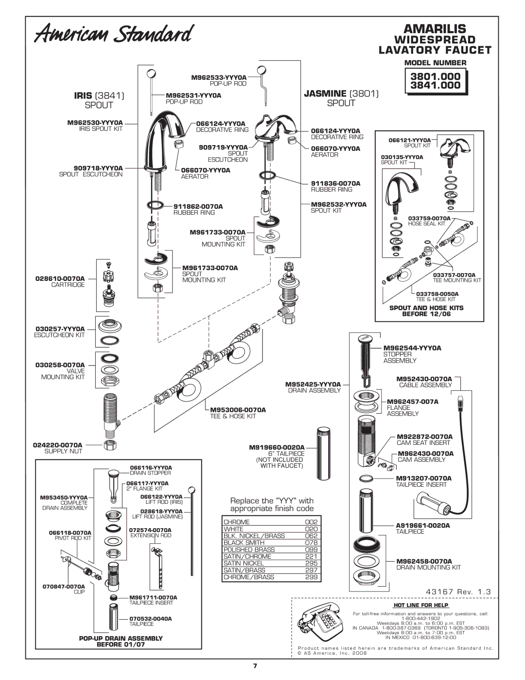 American Standard 3801.000, 3841.000 installation instructions Widespread, Lavatory Faucet, Jasmine 