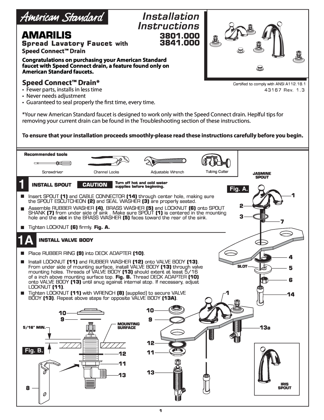 American Standard 3801.000 installation instructions 3841.000, Speed Connect Drain, Spread Lavatory Faucet with, Amarilis 