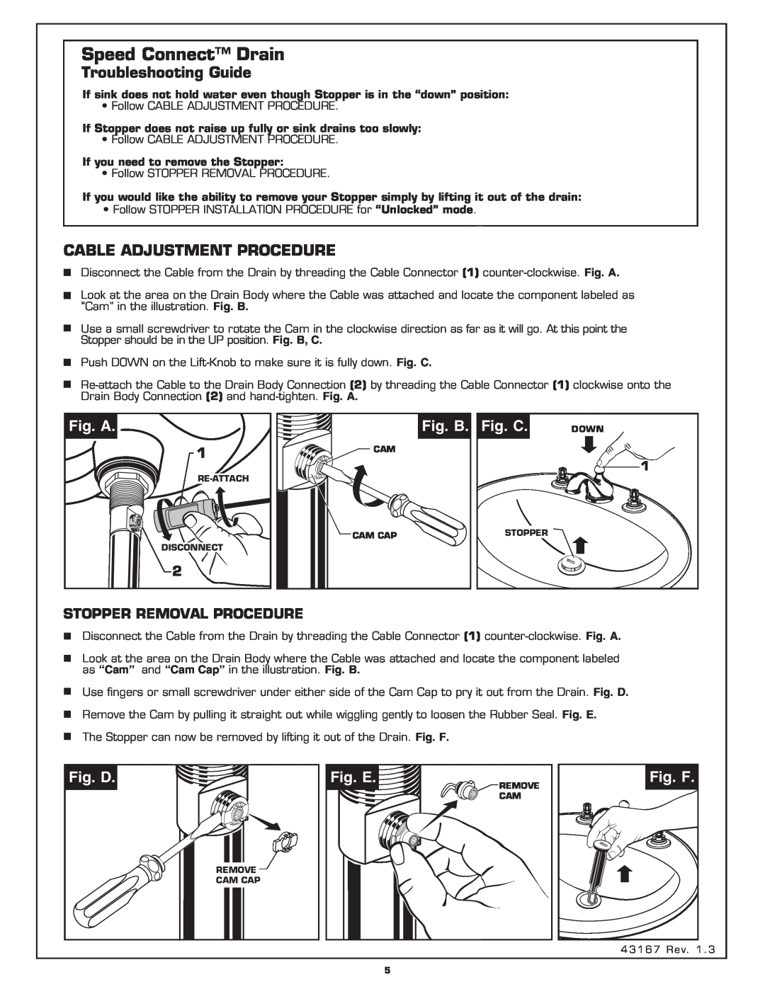American Standard 3801.000 Troubleshooting Guide, Cable Adjustment Procedure, Fig. A, Fig. B. Fig. C, Fig. D, Fig. E 