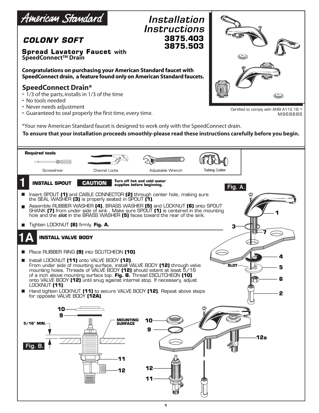 American Standard 3875-503, 3875-403 installation instructions Install Spout, 1A Install Valve Body 