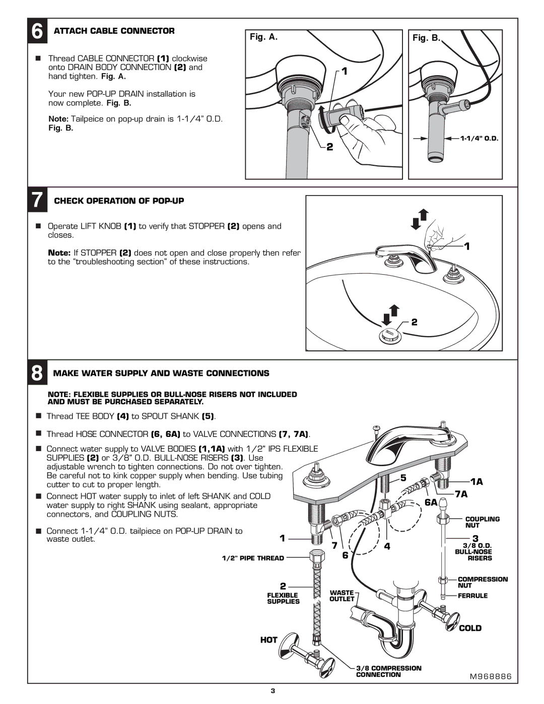 American Standard 3875-503 Attach Cable Connector, Check Operation of POP-UP, Make Water Supply and Waste Connections 