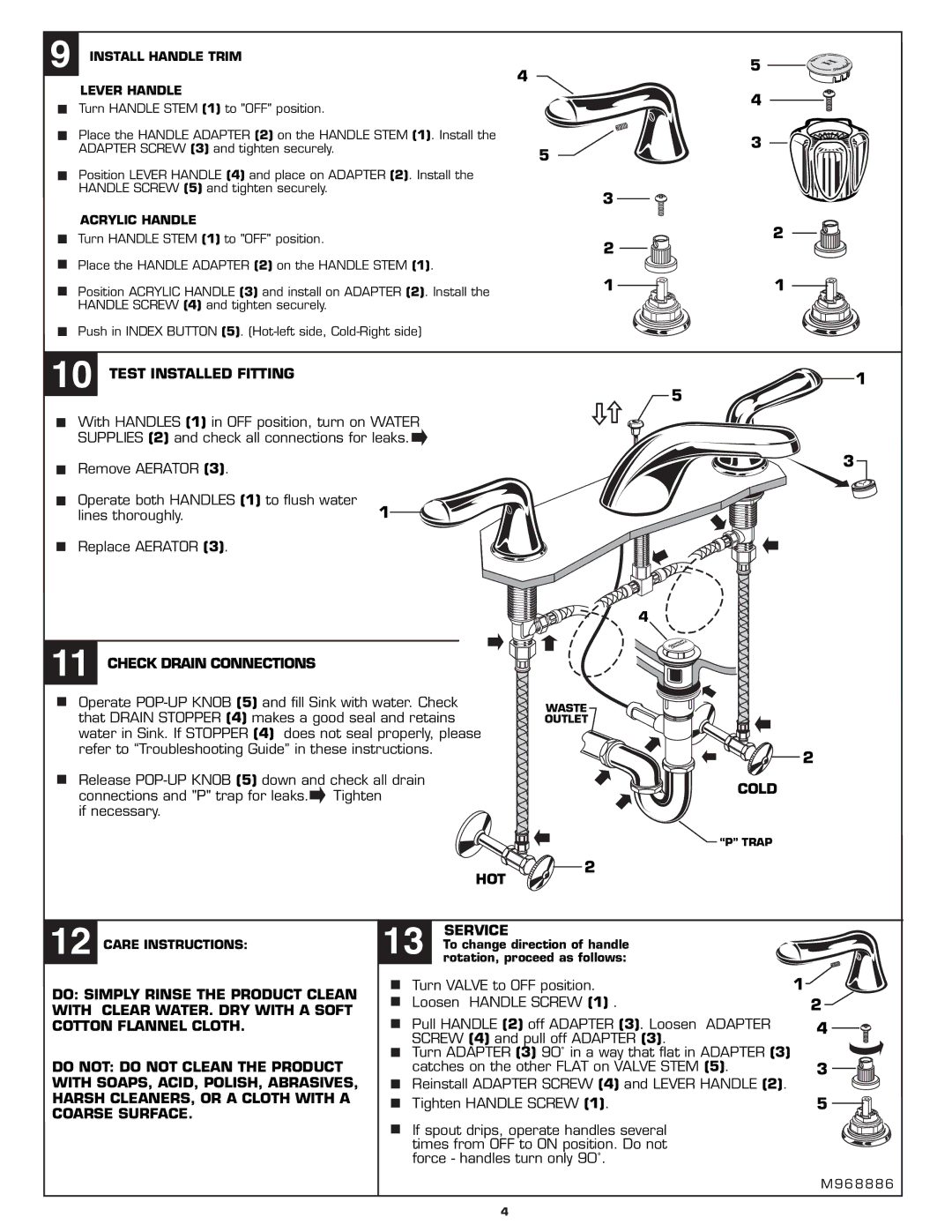 American Standard 3875-403, 3875-503 installation instructions Test Installed Fitting, Check Drain Connections, Cold 