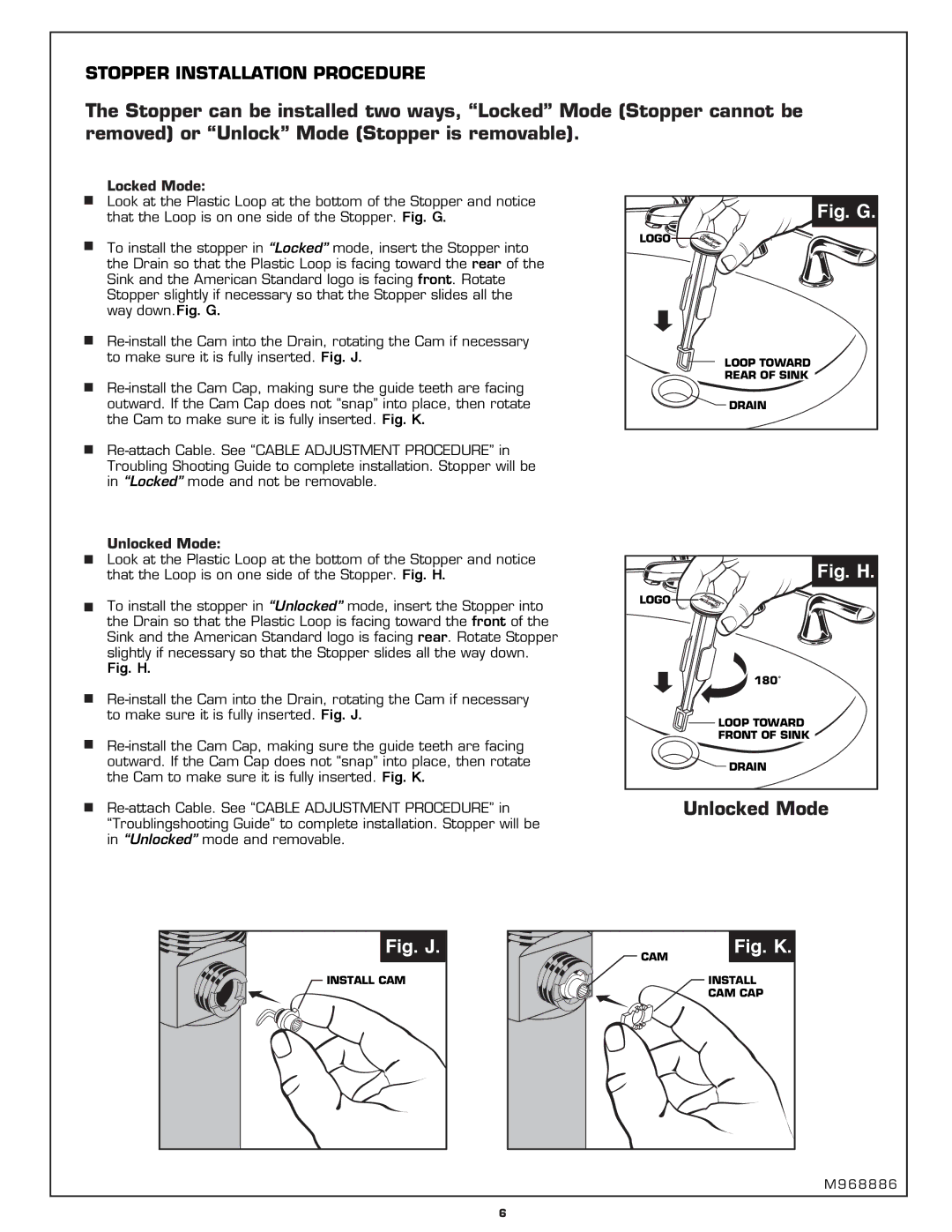 American Standard 3875-403, 3875-503 installation instructions Fig. G 