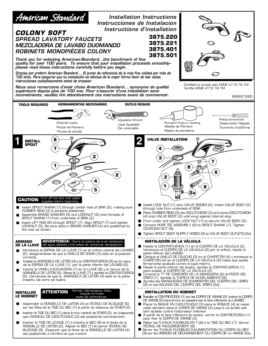 American Standard 3875.220, 3875.221, 3875.401 installation instructions Valve Installation, Instalación DE LA Válvula 