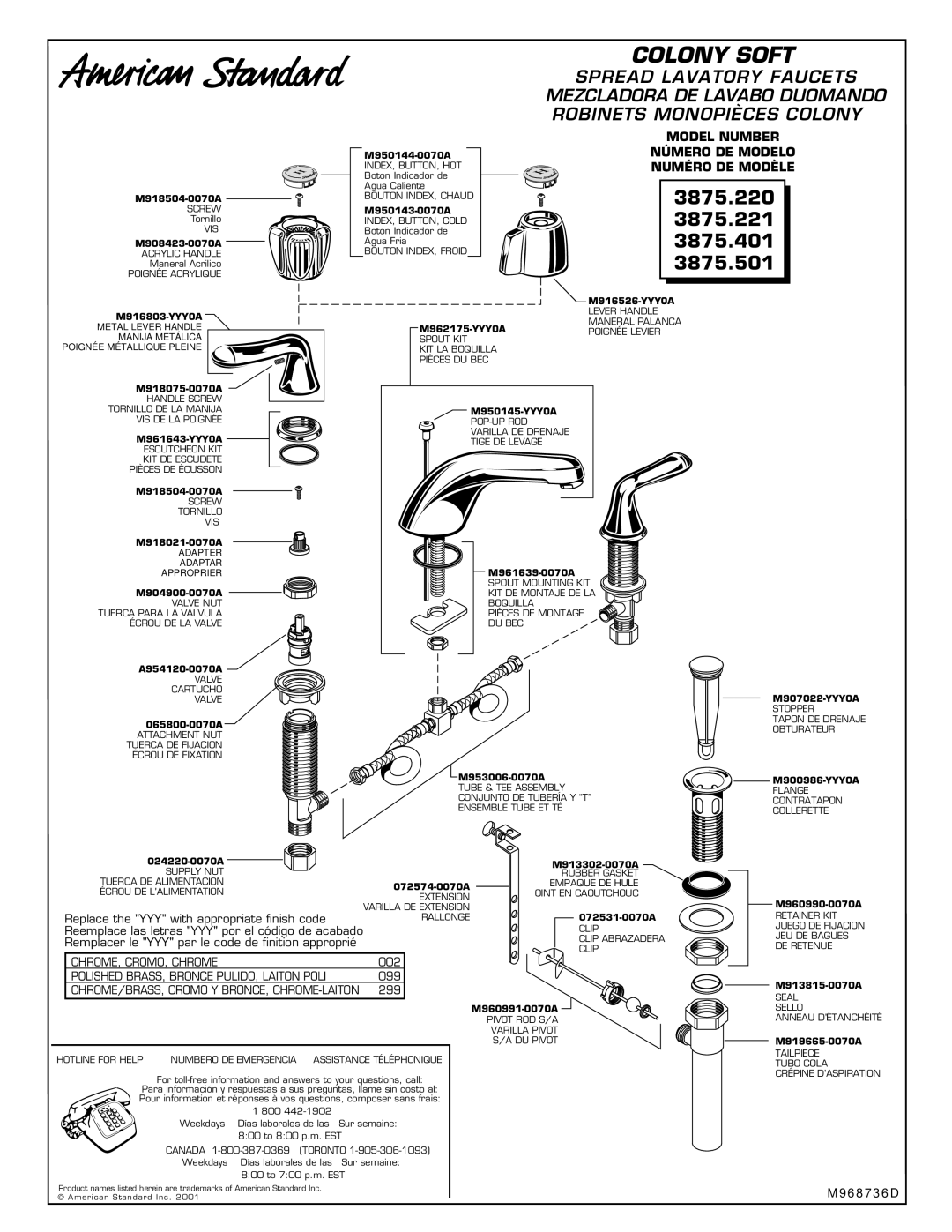 American Standard 3875.220 3875.221 3875.401 3875.501, Model Number Número DE Modelo Numéro DE Modèle 