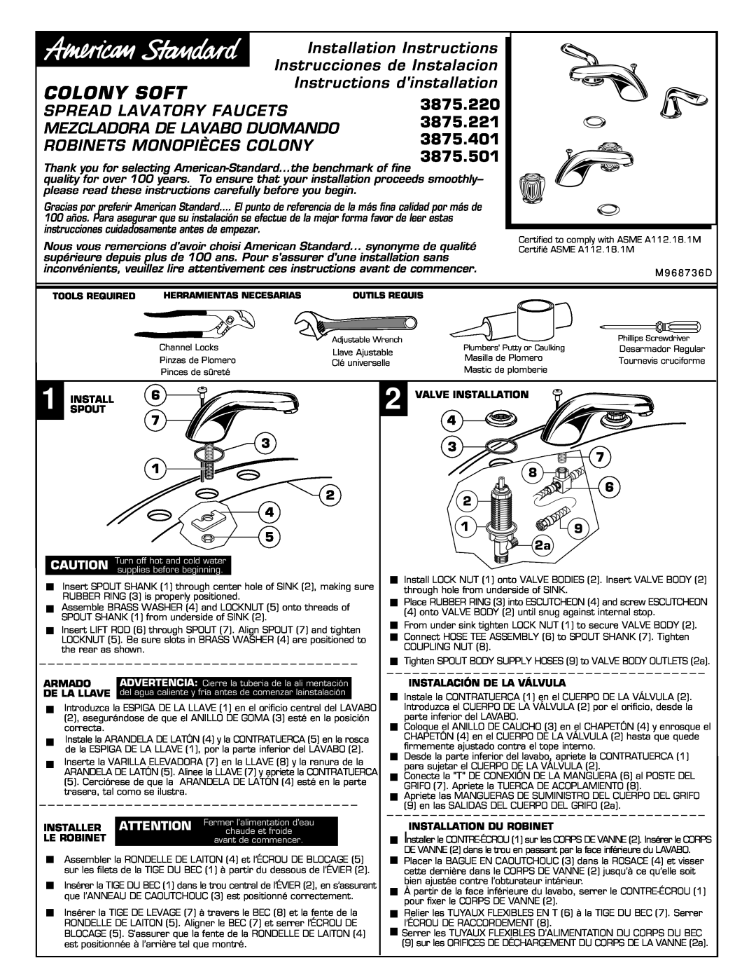 American Standard 3875.220 installation instructions Colony Soft, Installation Instructions, Instrucciones de Instalacion 