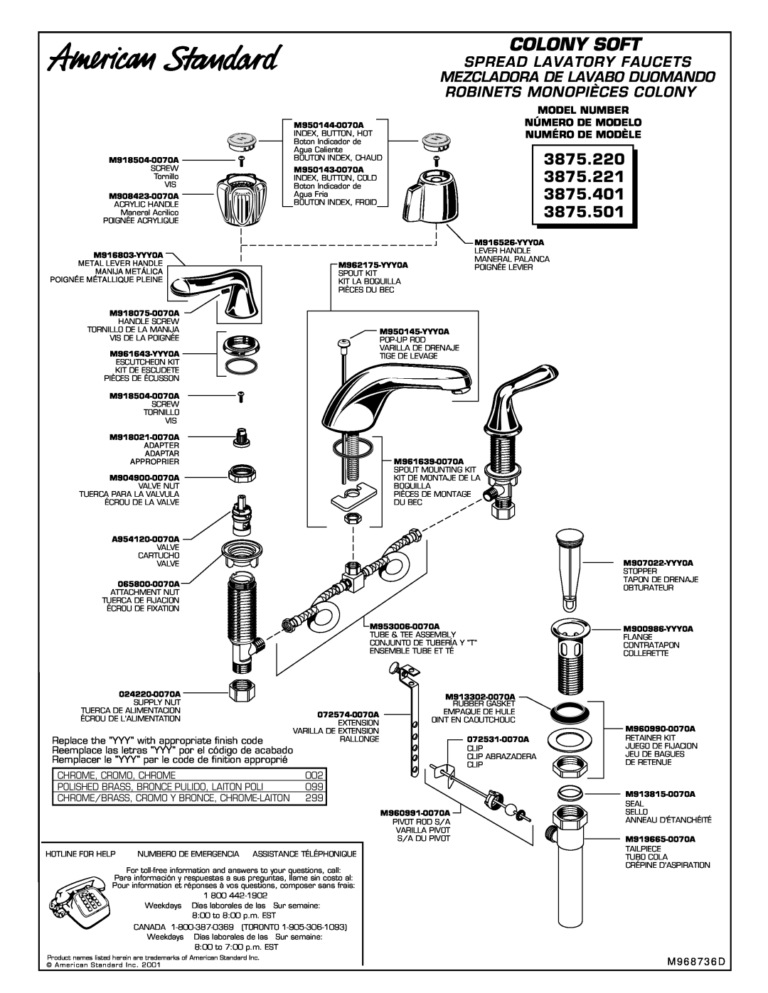 American Standard 3875.401 Colony Soft, 3875.220 3875.221, Spread Lavatory Faucets, M 9 6 8 7 3 6 D 